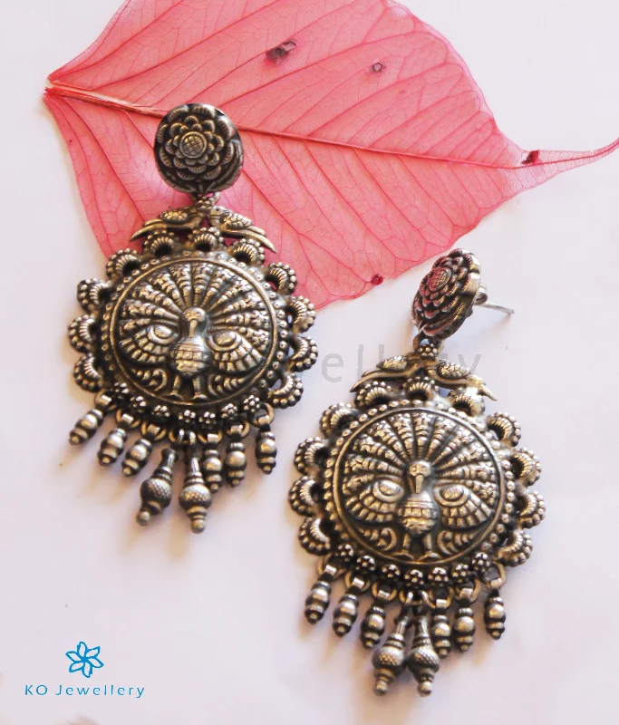 chunky earrings for women -The Mudra Silver Peacock Earrings