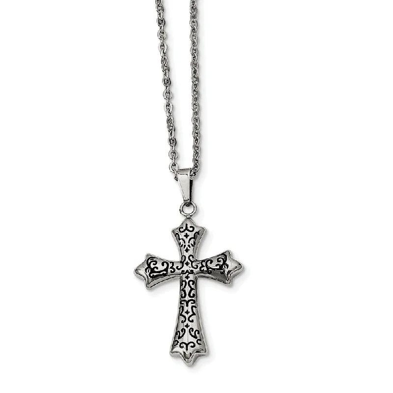 fashionable necklaces for women -Stainless Steel and Black-plated Cross Necklace - 20 Inch