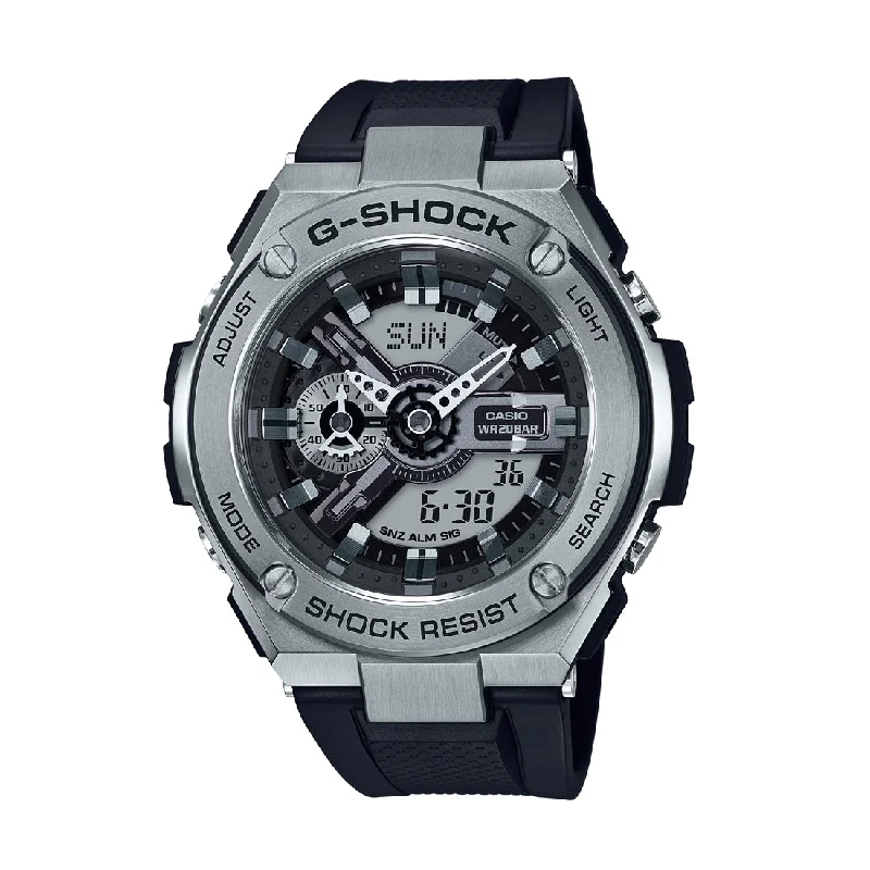 Casio G Shock Silver Black Case Black Silicone Band Model GST-410-1ADR