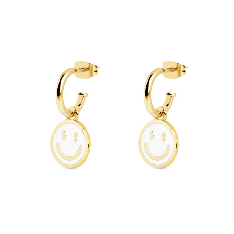 chandelier earrings for women -Smiley White Enamel Gold Hoop Earrings