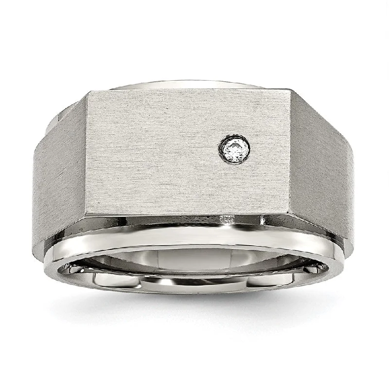 vintage-inspired necklaces for women -Men's 14mm Stainless Steel & CZ Brushed/Polished Signet Tapered Ring