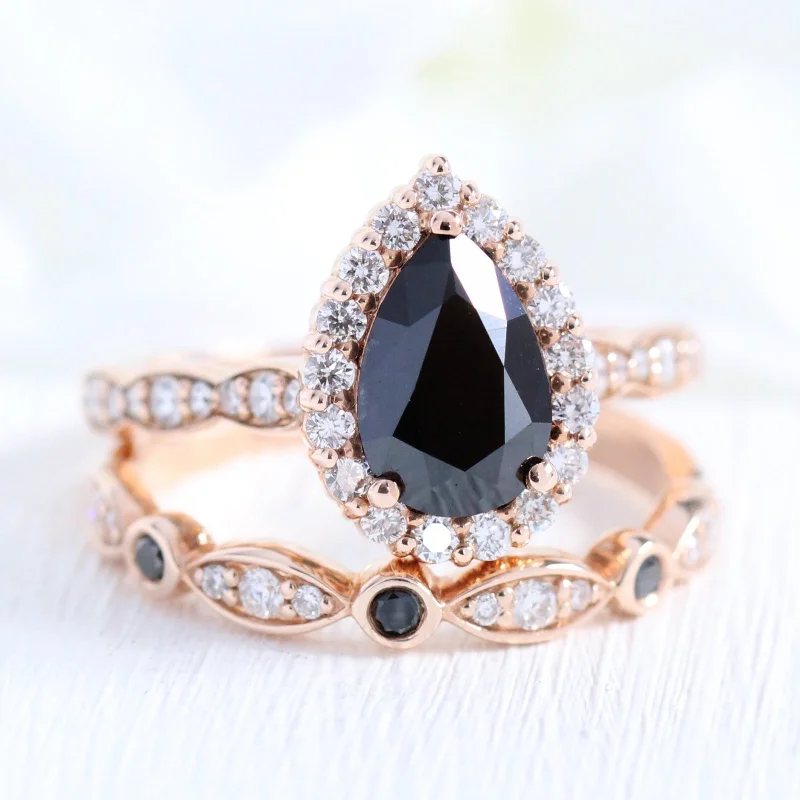 radiant diamond engagement rings -Luna Halo Black Diamond Pear Ring Set w/ Black and White Diamond Wedding Band