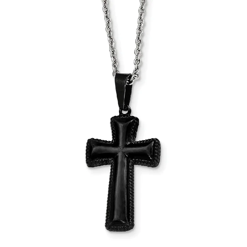 diamond necklaces for brides -Medium Black Plated Pillow Cross Necklace in Stainless Steel, 18 Inch