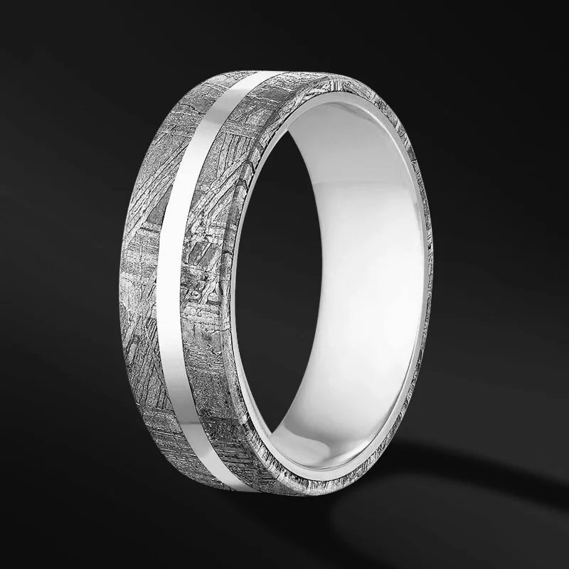 platinum wedding engagement rings -MEN'S TUNGSTEN WEDDING BAND WITH METEORITE INLAY – DURABLE AND UNIQUE DESIGN