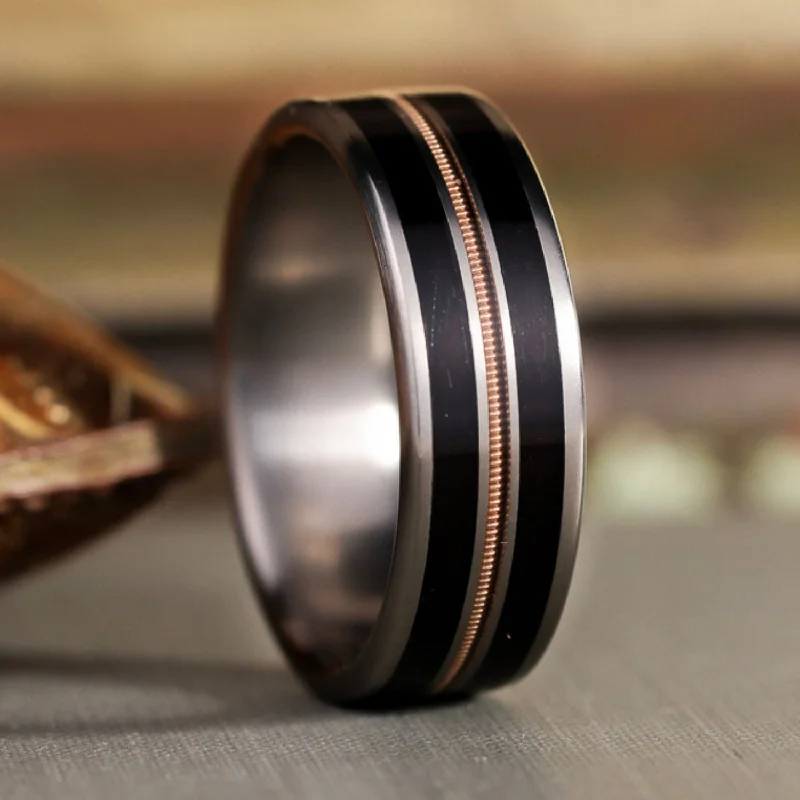 unique gemstone engagement rings -The Outlaw | Men's Titanium Wedding Band with Guitar String & Rosewood