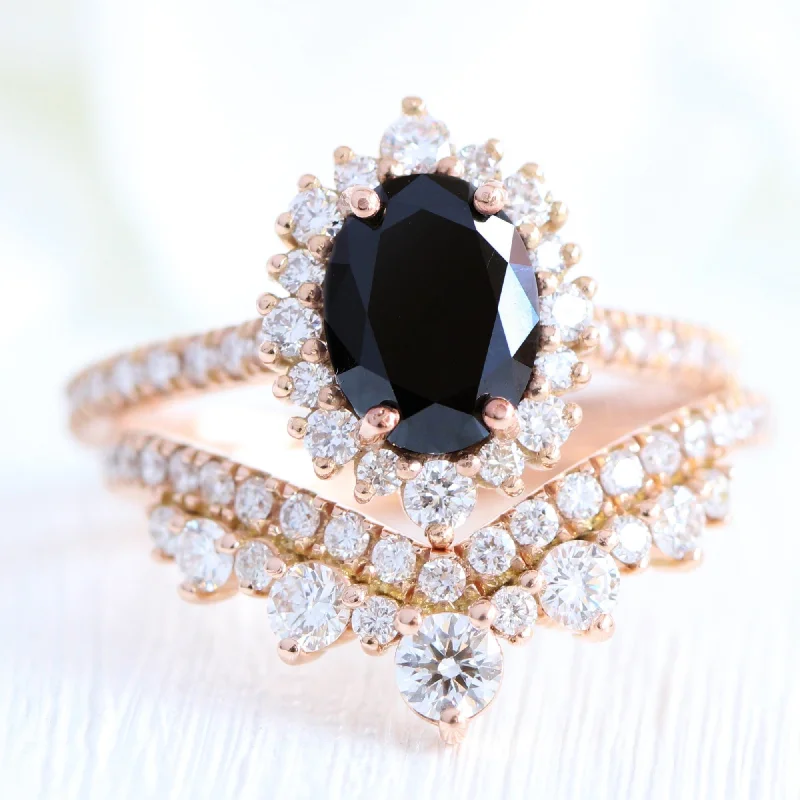 gemstone engagement rings for women -Tiara Halo Oval Black Diamond Pave Ring w/ Large Tiara Diamond Wedding Band