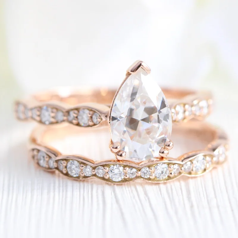 eternity diamond engagement rings -Grace Solitaire Pear Bridal Ring Set w/ Moissanite and Matching Diamond Band