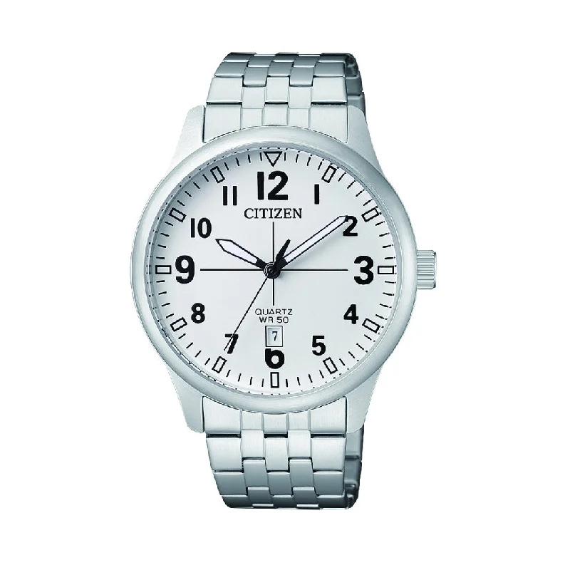 Citizen Gents White Face Date Silver Band Watch Model BI1050-81B