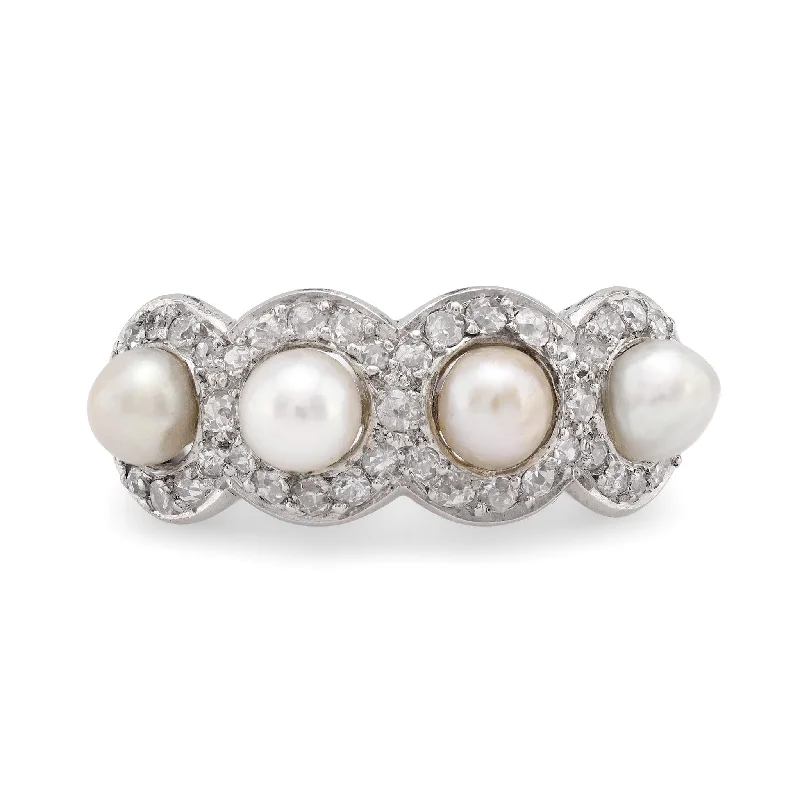 trendy engagement rings for women -Edwardian natural pearl diamond platinum ring